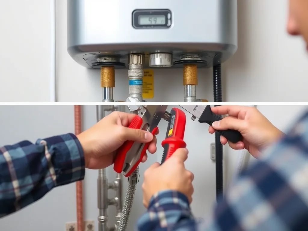 Professional A failed tankless hot water heater produces no hot setup with proper tools and equipment